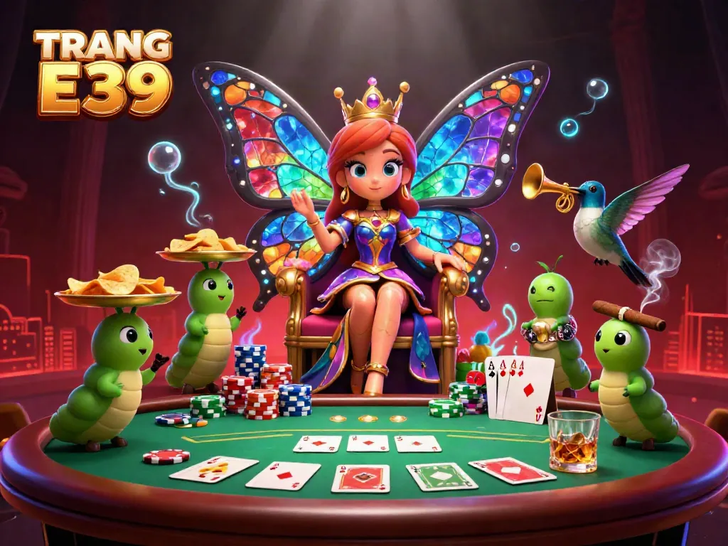 Engage in the excitement of TRANG CHỦ E39 with a cartoon butterfly queen, poker elements, and colorful chips.