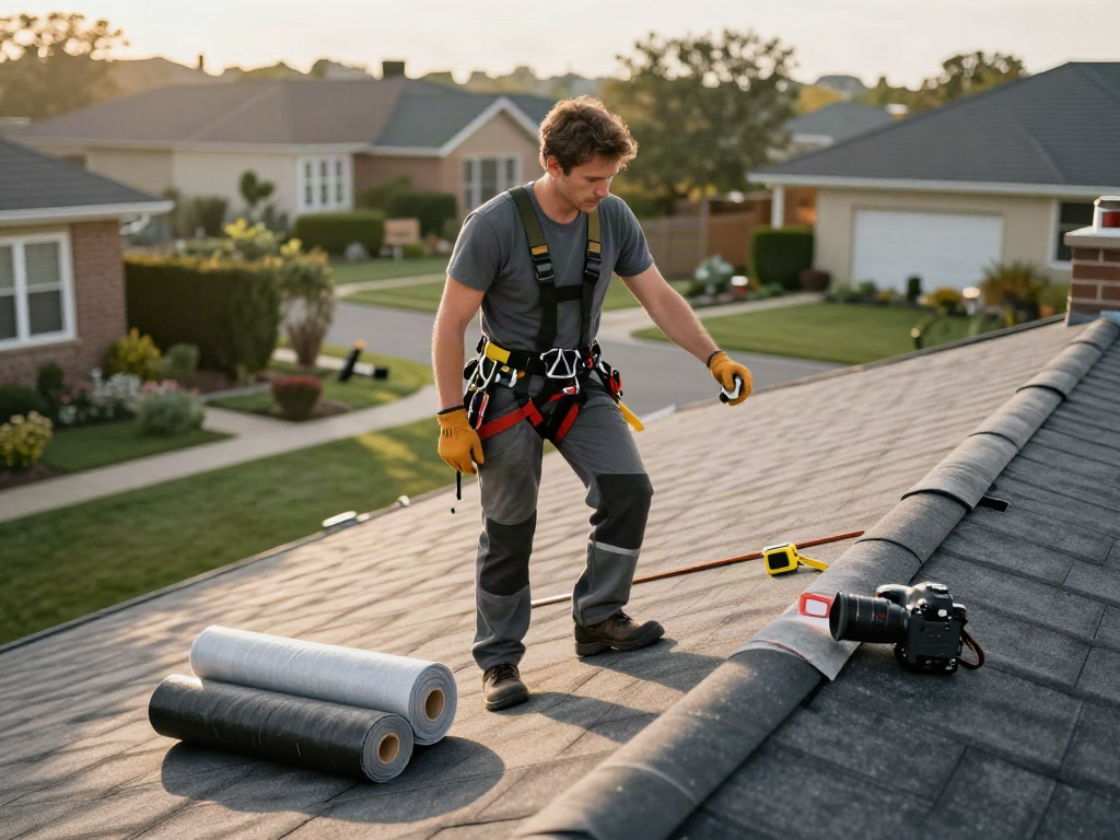 Skilled roofer examining a felt roof with professional tools in a charming residential setting, showcasing quality roofing expertise.