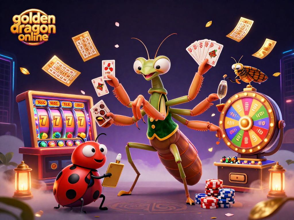 A giant praying mantis card sharp and ladybug pit boss celebrate vibrant gameplay in golden dragon online casino, showcasing slot reels and prize elements.