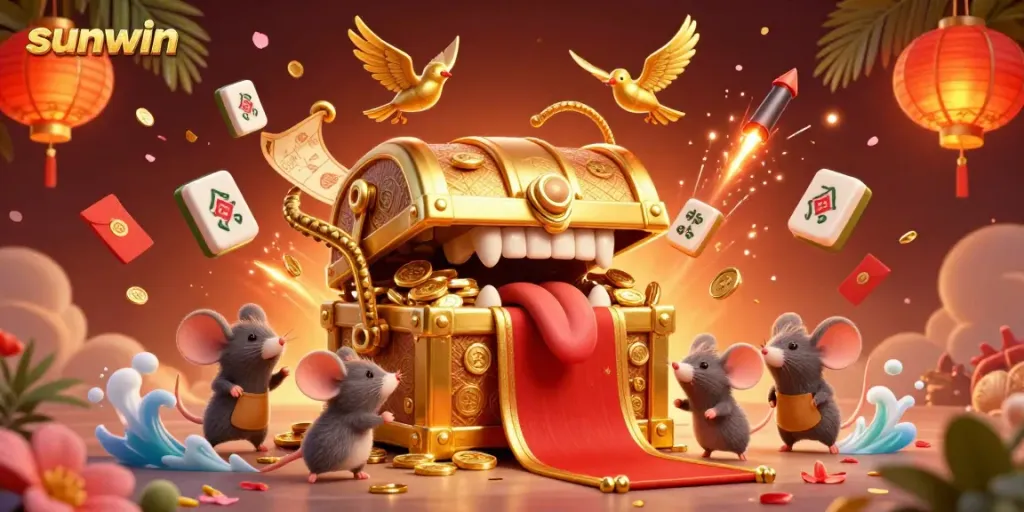 Play exciting games with sunwin at this vibrant illustration showcasing a golden treasure chest and festive elements.