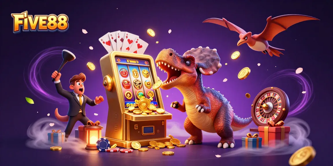 Experience the excitement of FIVE88 with a cartoon dinosaur winning jackpots amidst a bustling casino scene.