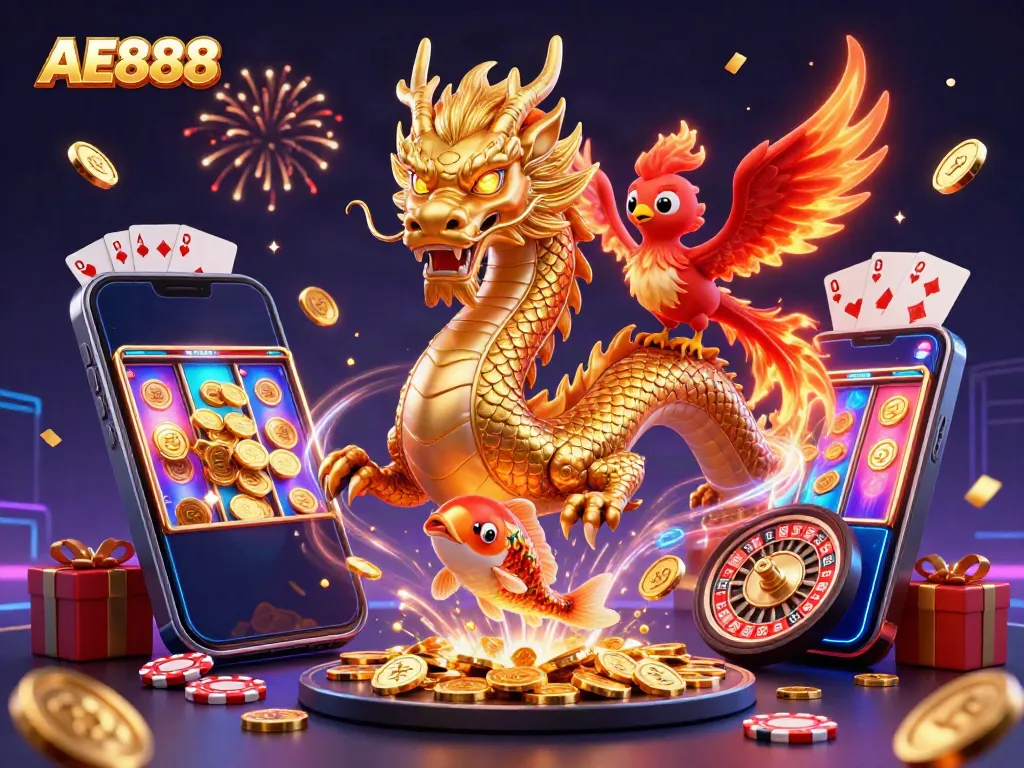 Experience the thrilling AE888 casino adventure with a dynamic dragon, phoenix, and koi fish amidst vibrant gaming elements.
