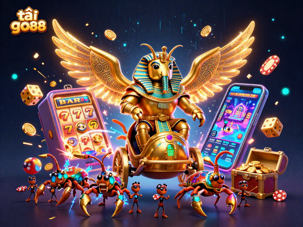 Experience excitement when tải go88 with a striking 3D illustration of a golden scarab beetle in a casino-themed fantasy