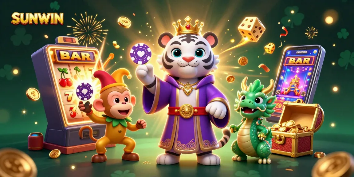 SUNWIN casino game characters celebrating with gold coins and dynamic visuals for players.