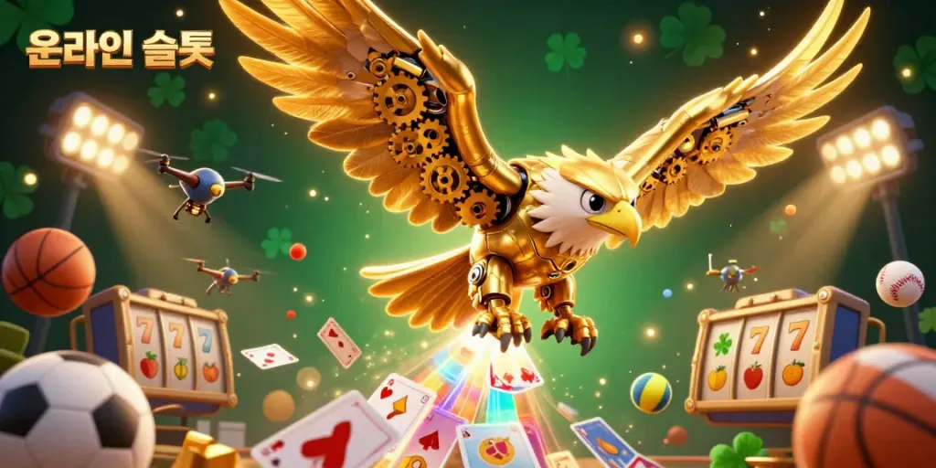 Experience the excitement of 온라인슬롯 as a golden eagle dives through dynamic casino elements in rich detail.