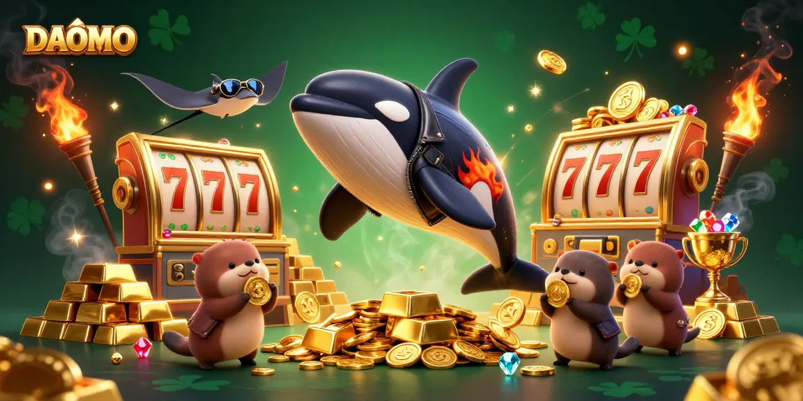 DAOMO interactive scene with an orca whale, stingray, and otters enjoying gold treasures.