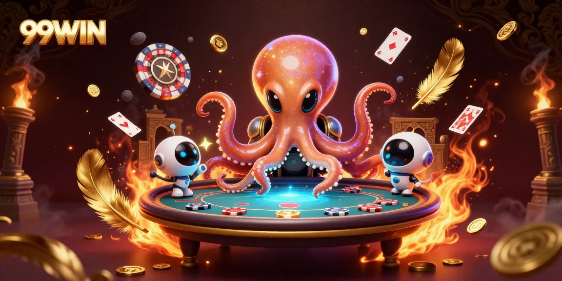 Engage with 99WIN's thrilling poker scene featuring a cosmic octopus and robot amidst swirling casino elements.