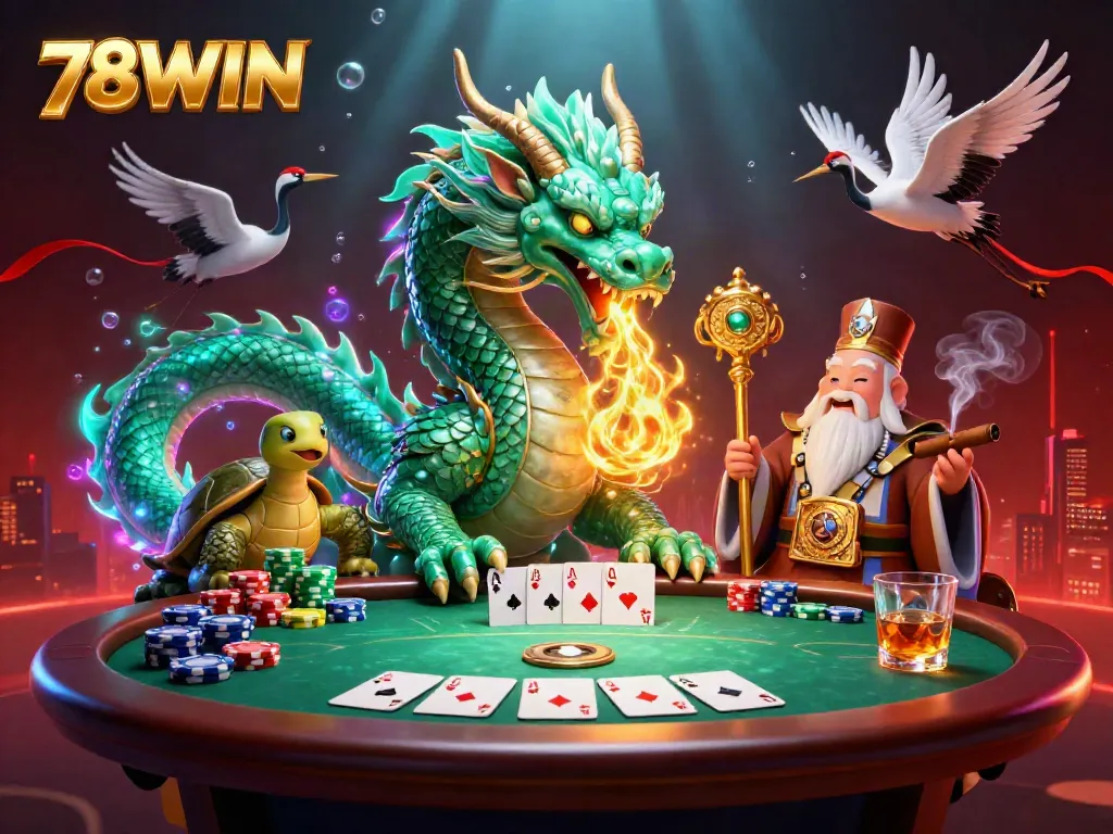 Engage with 78WIN's epic gaming adventure featuring a majestic jade dragon, vibrant elements, and poker action.