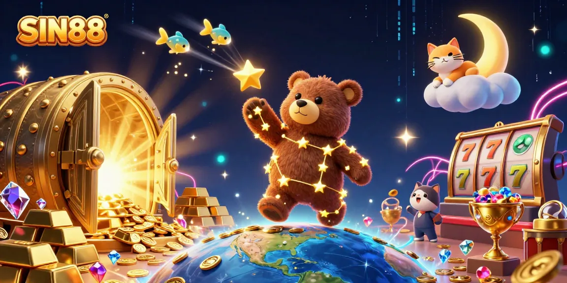 SIN88 casino action scene featuring a constellation bear, starry fish, and elegant moon cat amid gold and jewels