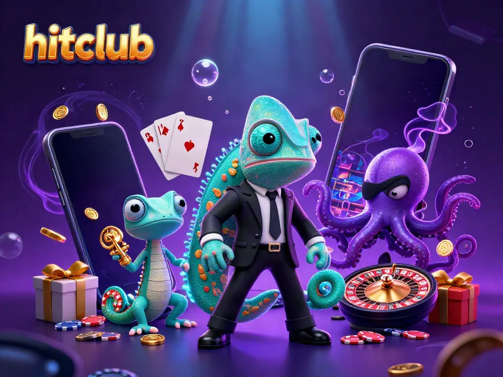 Hitclub features dynamic casino action with a chameleon agent, gecko companion, and octopus villain.