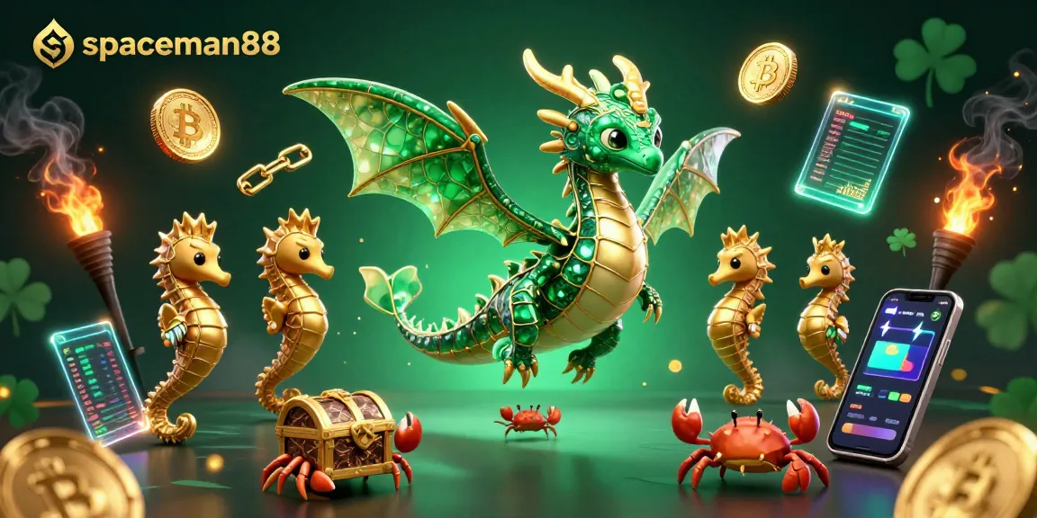 Experience spaceman88's underwater adventure with a golden sea dragon amidst glowing crypto elements.