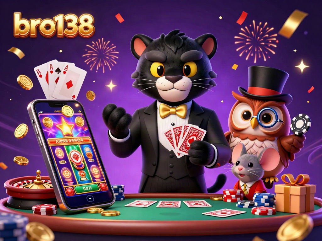 Experience the excitement of slot games and poker with a stylish panther, owl, and lucky mouse representing bro138.