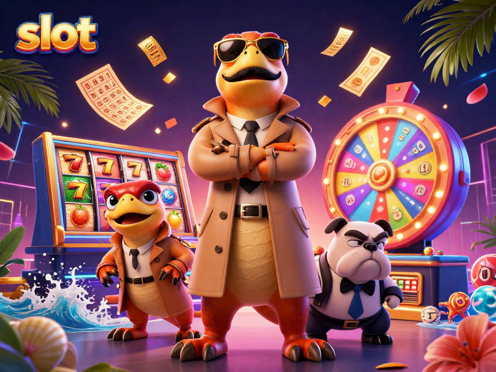 Experience thrilling slot action with three raptors amusingly attempting casino entry.