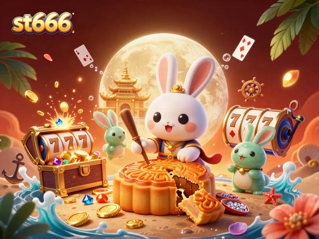 Experience the excitement of st666 casino with a moon rabbit illustration featuring vibrant elements of gaming.