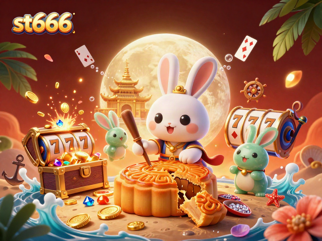 Experience the excitement of st666 casino with a moon rabbit illustration featuring vibrant elements of gaming.