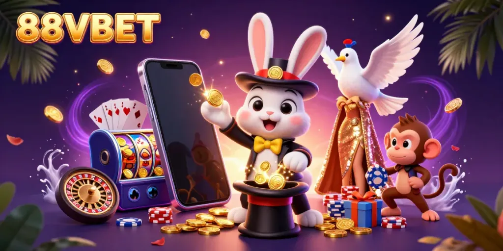 Experience the thrill of 88VBET online gaming with a vibrant 3D illustration of a magician and casino elements.