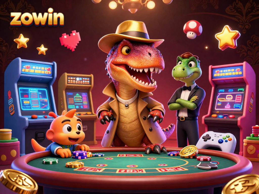 Zowin's cartoon velociraptor gambler intrigues at a blackjack table amidst dynamic game art.