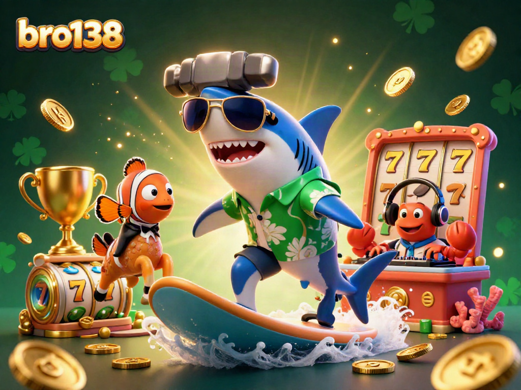 Win big with bro138 at a vibrant casino scene featuring a shark, clownfish, and crab DJ.
