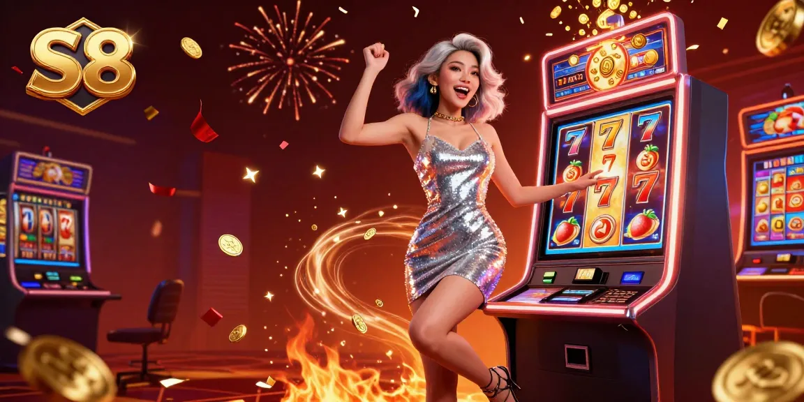 Spin the S8 slots for exciting jackpots with a celebratory scene full of vibrant colors!