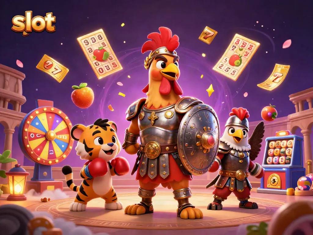 Experience thrilling slot action with a rooster warrior surrounded by jackpot elements in a dynamic casino scene.