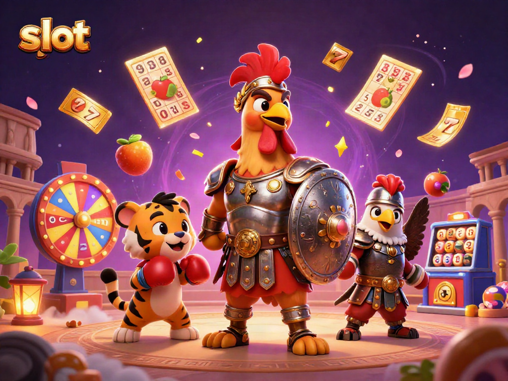 Experience thrilling slot action with a rooster warrior surrounded by jackpot elements in a dynamic casino scene.