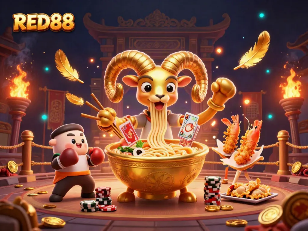 Join the excitement at RED88 with a vibrant illustration of the animated gambling scene featuring lively characters engaged in casino fun.