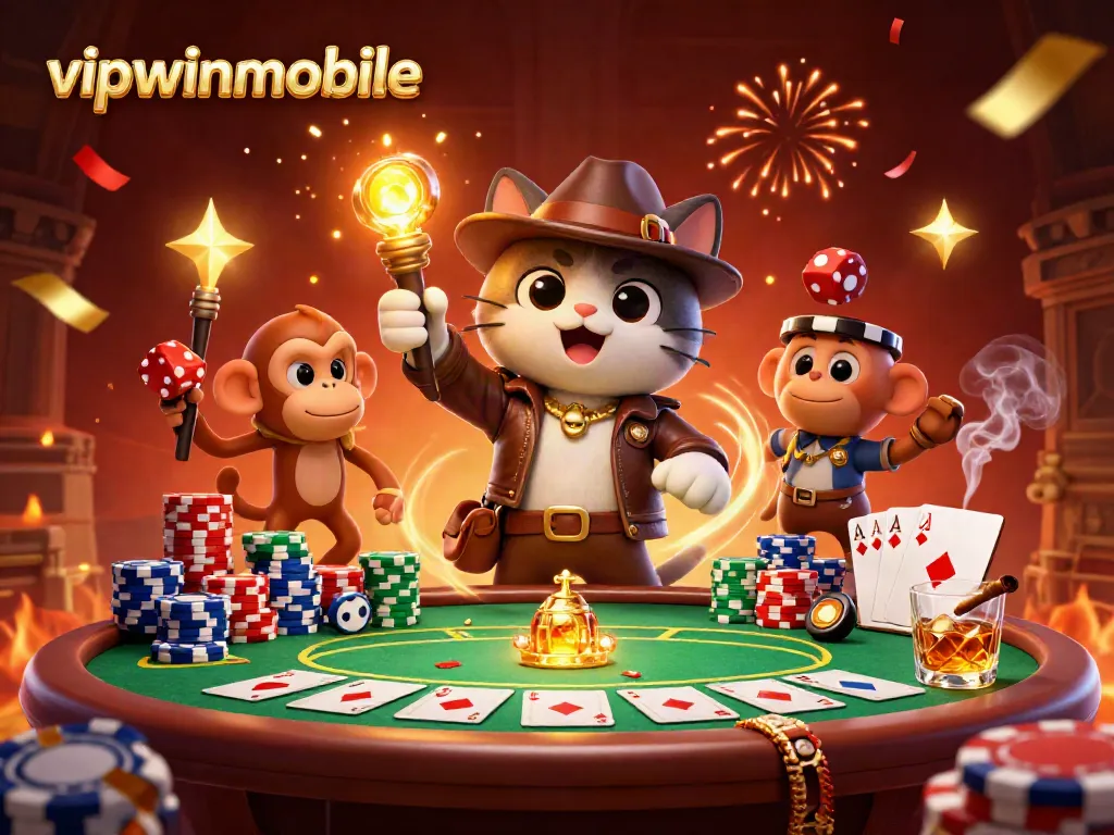 Experience winning big at vipwinmobile with a cartoon explorer cat discovering golden treasures in a dynamic casino illustration.