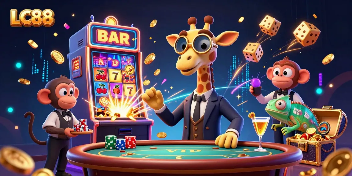 Experience the thrill of LC88 with a high-roller giraffe and vibrant casino elements.
