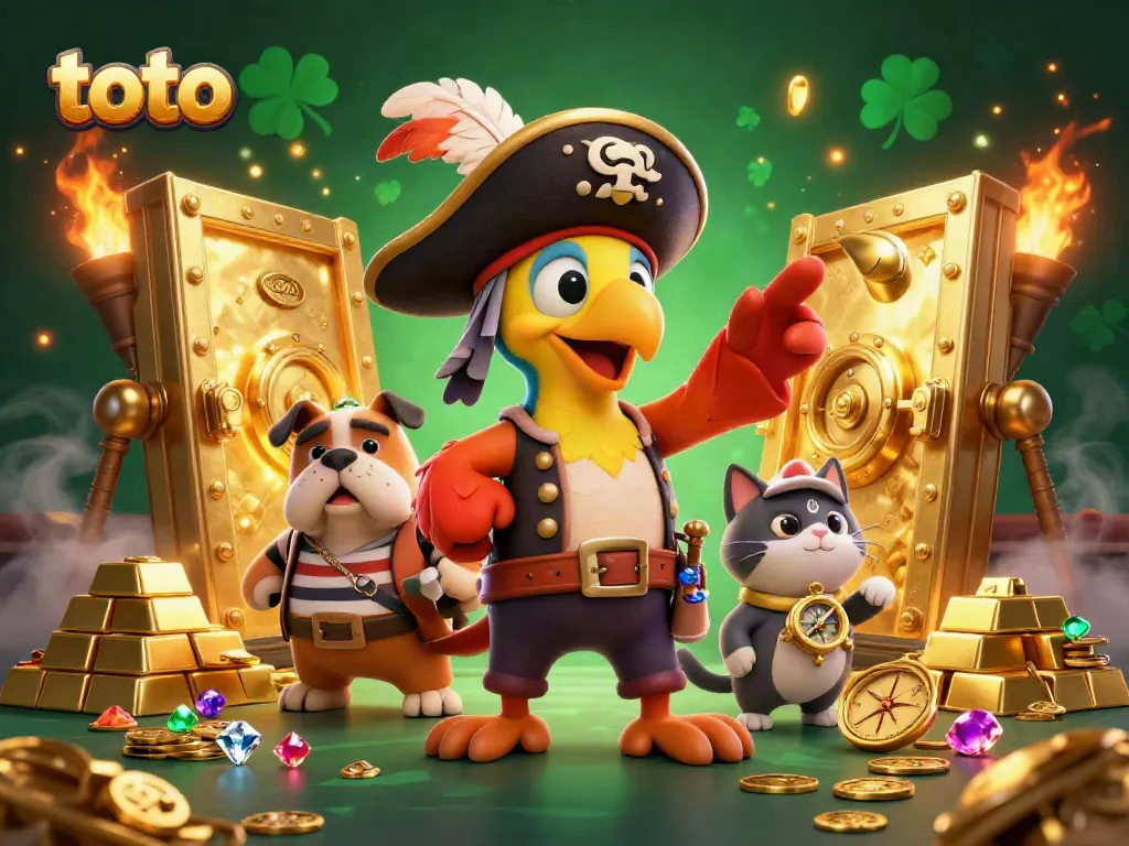 Experience the thrill of toto casino with a vibrant scene of characters interacting in a treasure-filled environment.