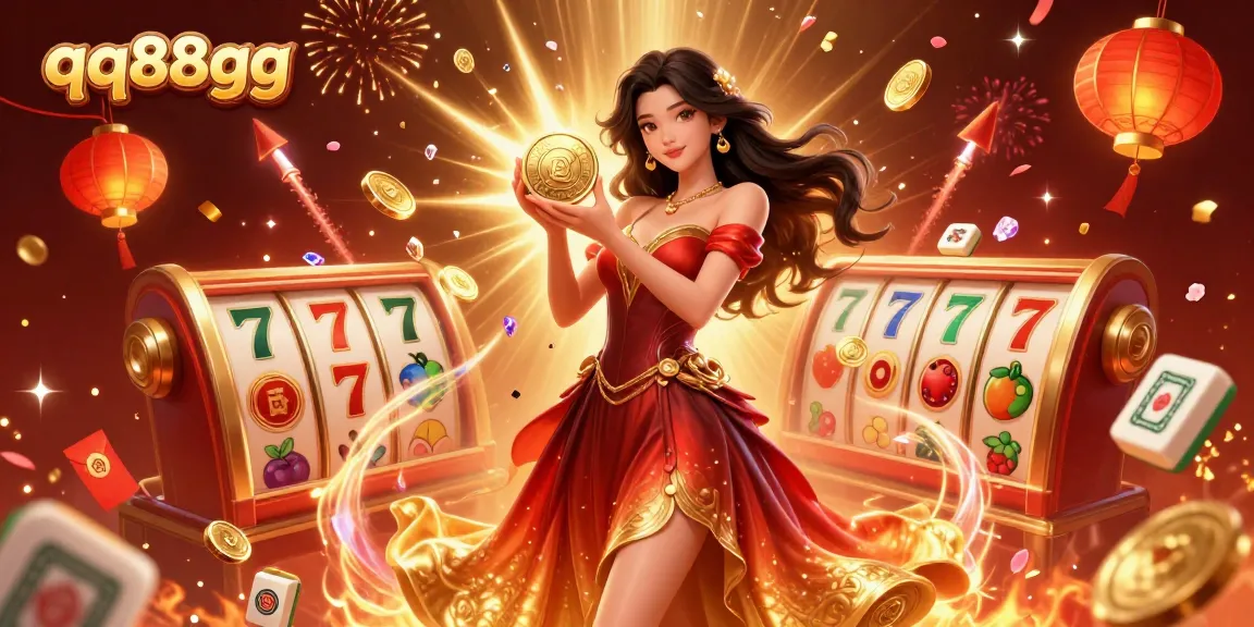 Experience the thrill of gaming with qq88gg, as a beautiful woman holds a golden coin amidst a vibrant casino atmosphere.