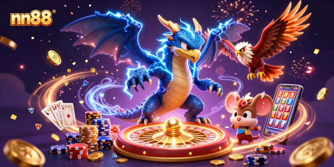 Win at nn88 with dynamic casino elements and vibrant 3D illustration full of excitement.