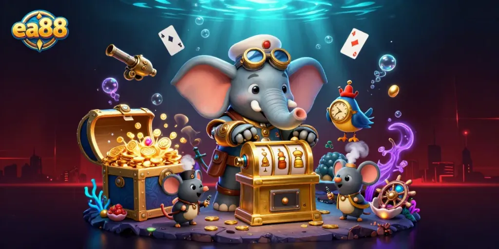 Experience the excitement of ea88 with a steampunk elephant operating a slot machine amidst underwater treasures.