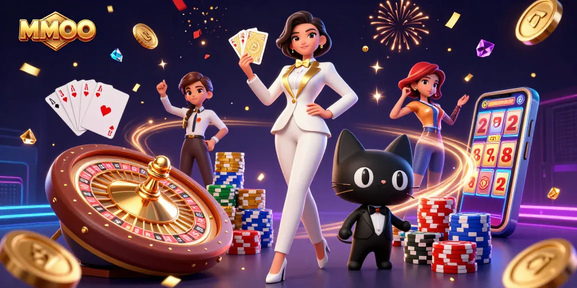Experience the thrill of MMOO with a glamorous tuxedoed dealer, dazzling coins, and vibrant casino elements.