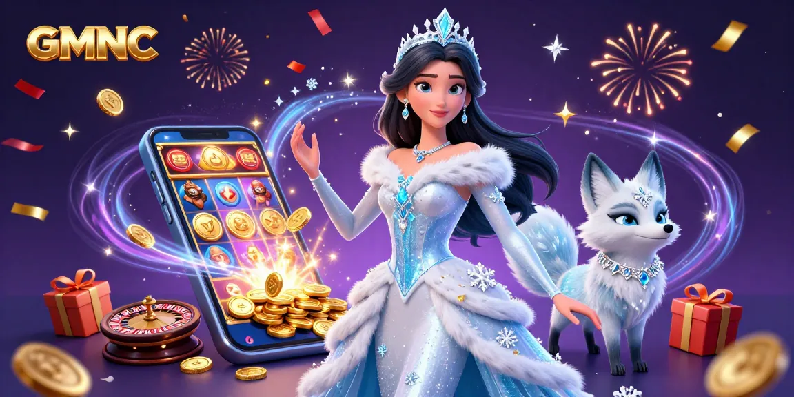 Engage in thrilling casino action with GMNC's 3D winter-themed illustration showcasing vibrant gambling elements.