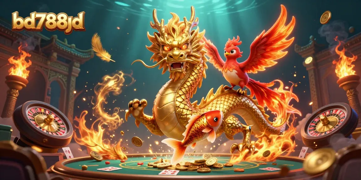 Experience vibrant winning excitement with bd788bd's dynamic casino scene featuring dragons and coins.