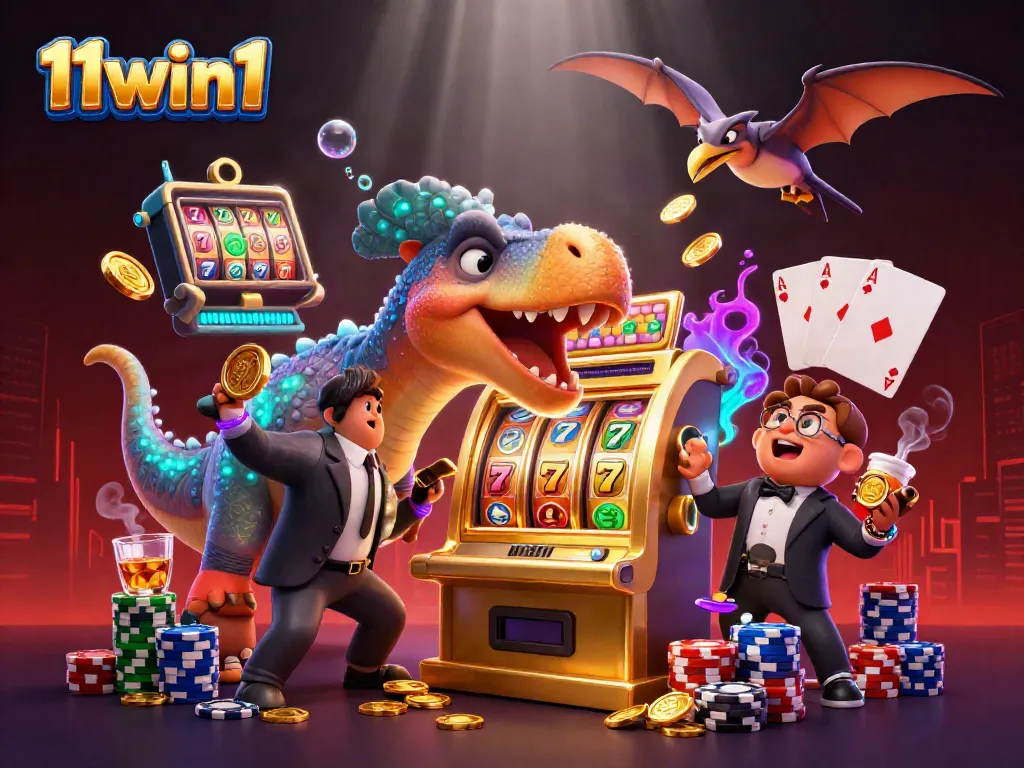 11win1 features a thrilling scene with a pachycephalosaurus and casino elements highlighting jackpot excitement.