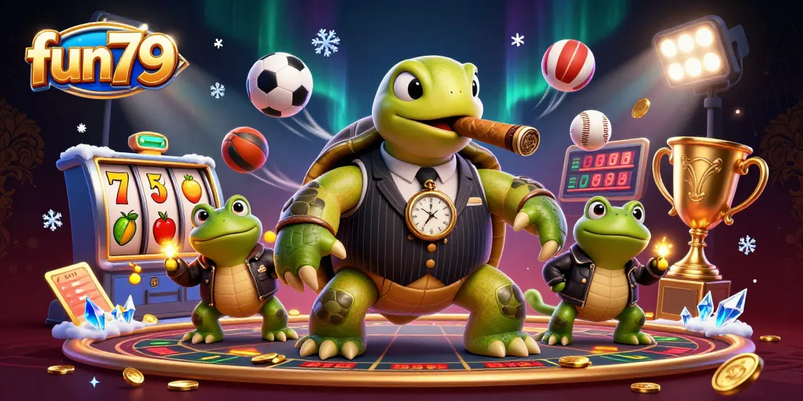 Experience the excitement of fun79 with an animated casino scene featuring a turtle and bullfrogs.