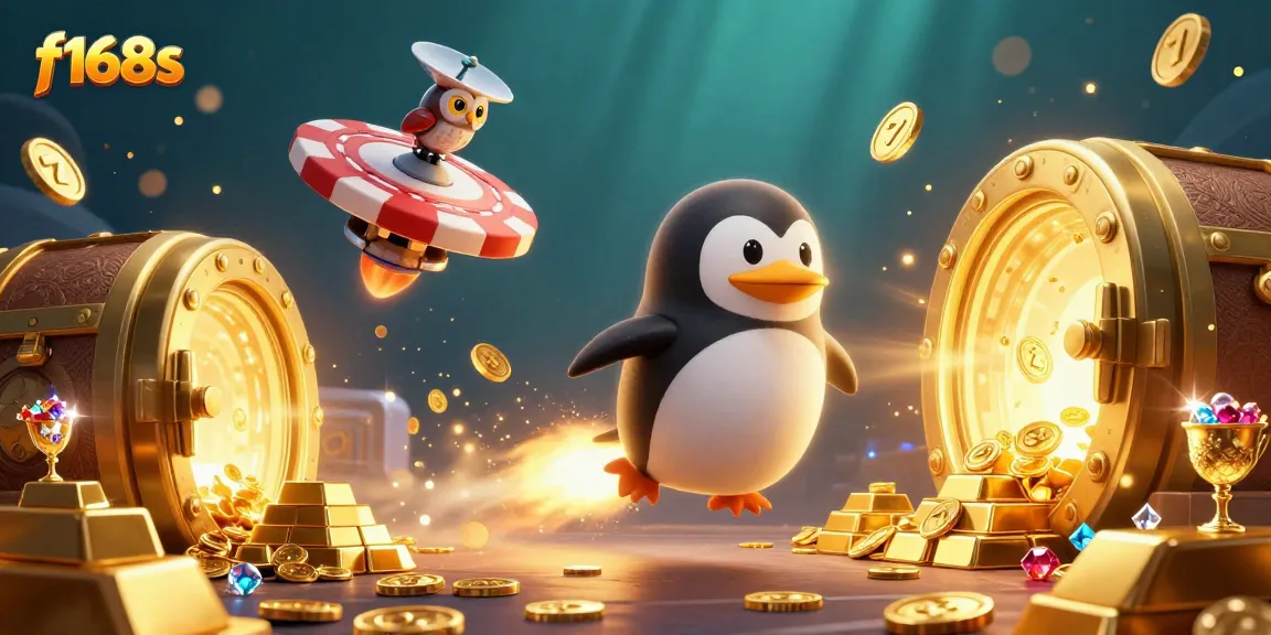 Play exciting games at f168s featuring a thrilling penguin rocket ship in a vibrant casino universe.