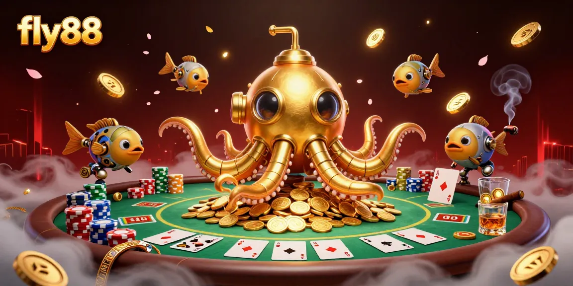Engage in thrilling gameplay with fly88's vibrant casino atmosphere featuring golden kraken and poker elements.