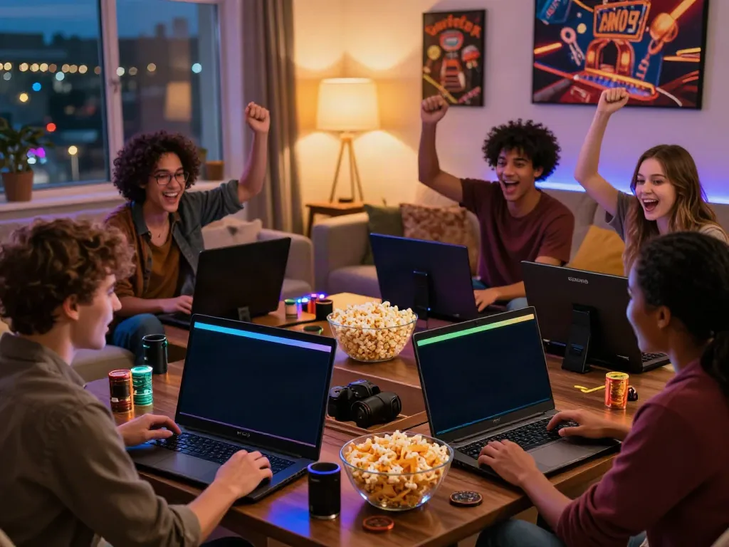 Friends enjoying online gaming with non gamstop casinos during a cozy night in.