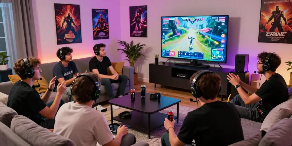 Nhóm người chơi game f168 vui vẻ trong không gian chơi game sống động.