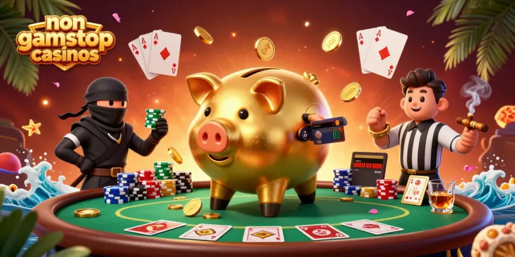 Win at non gamstop casinos with vibrant characters enjoying a lively poker table atmosphere.