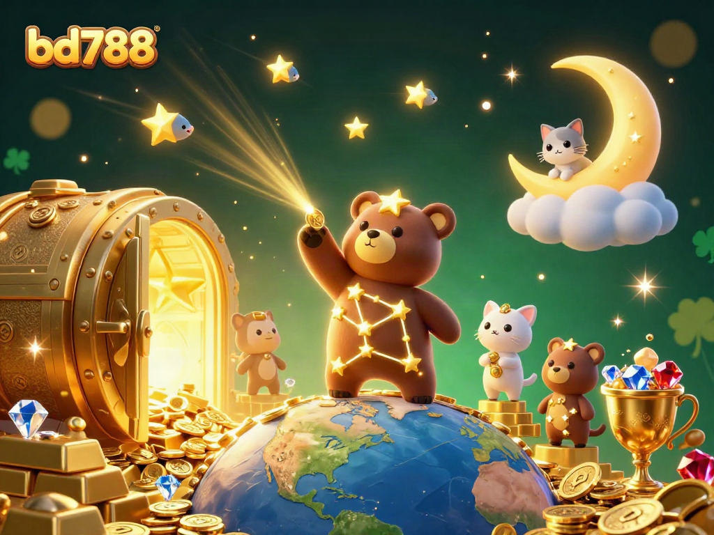 Engage with bd788 in this vibrant 3D illustration showcasing a magical casino-themed scene.