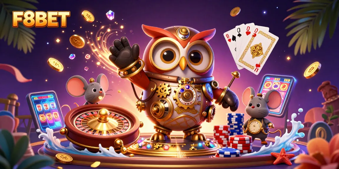 Experience F8BET with immersive 3D scene featuring a time-traveler owl and casino elements.