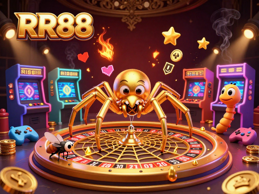 RR88 players enjoying a vibrant casino experience with a golden spider and colorful game machines.