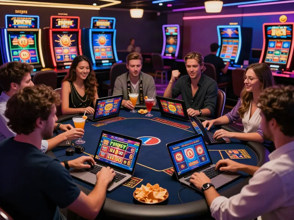 Diverse players enjoying games at non GamStop casinos, celebrating wins with vibrant lighting.