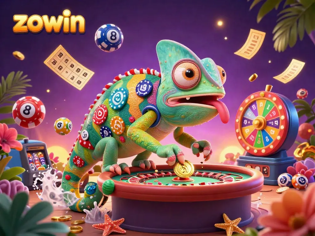 Zowin's dynamic casino scene featuring a chameleon and vibrant gambling elements.