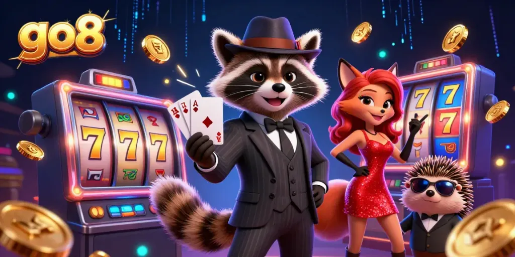 Experience thrilling jackpots at go8 with a raccoon in a pinstripe suit and a fox lady celebrating wins.
