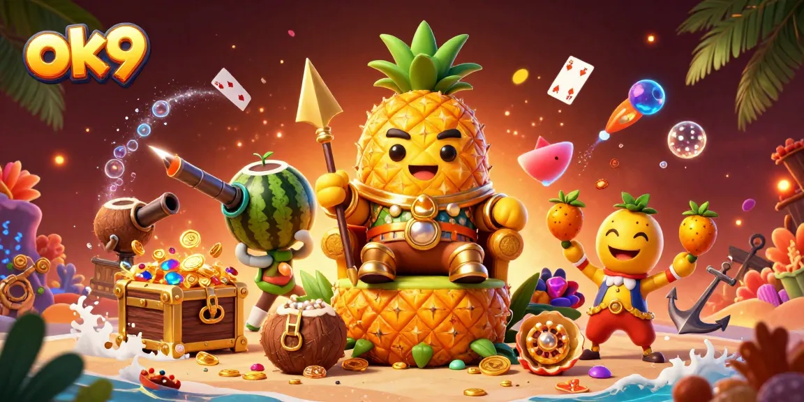 Experience excitement at ok9 with a vibrant beach casino scene and playful characters.