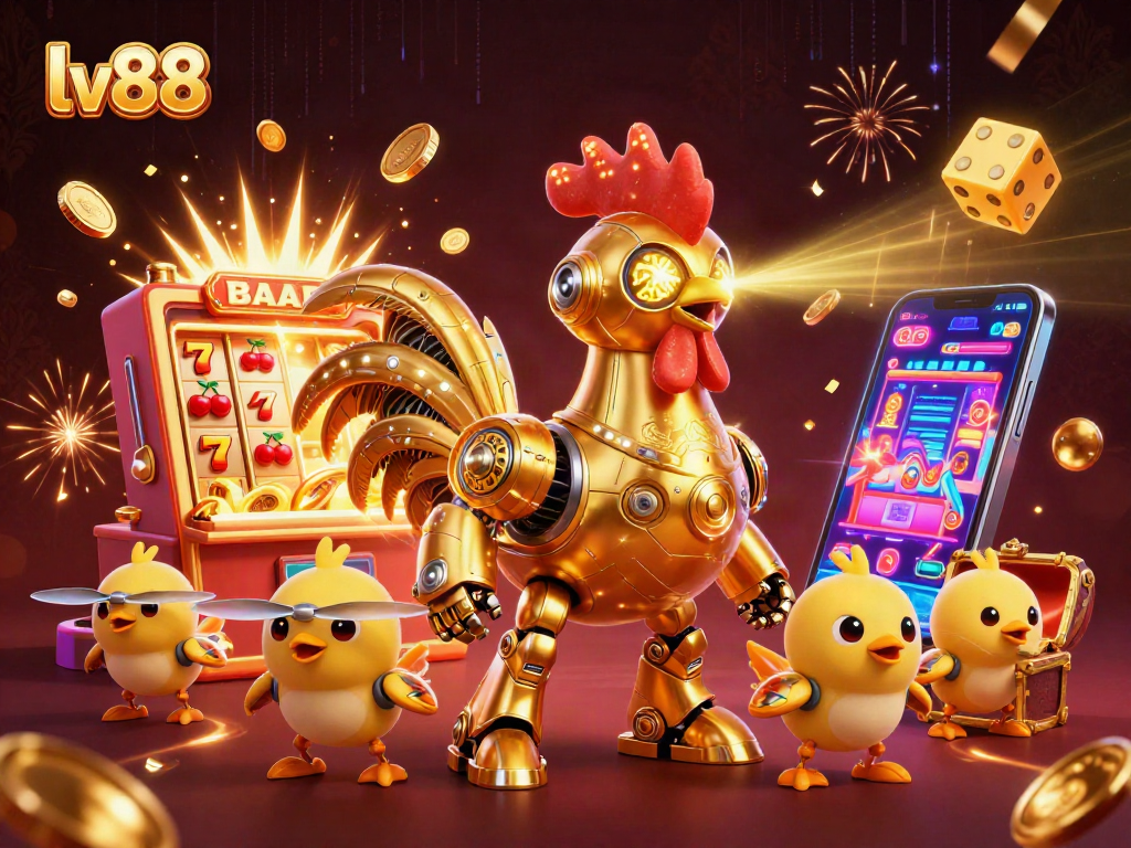 Engage with the exhilarating lv88 casino experience featuring a golden rooster robot amidst dynamic gaming elements.